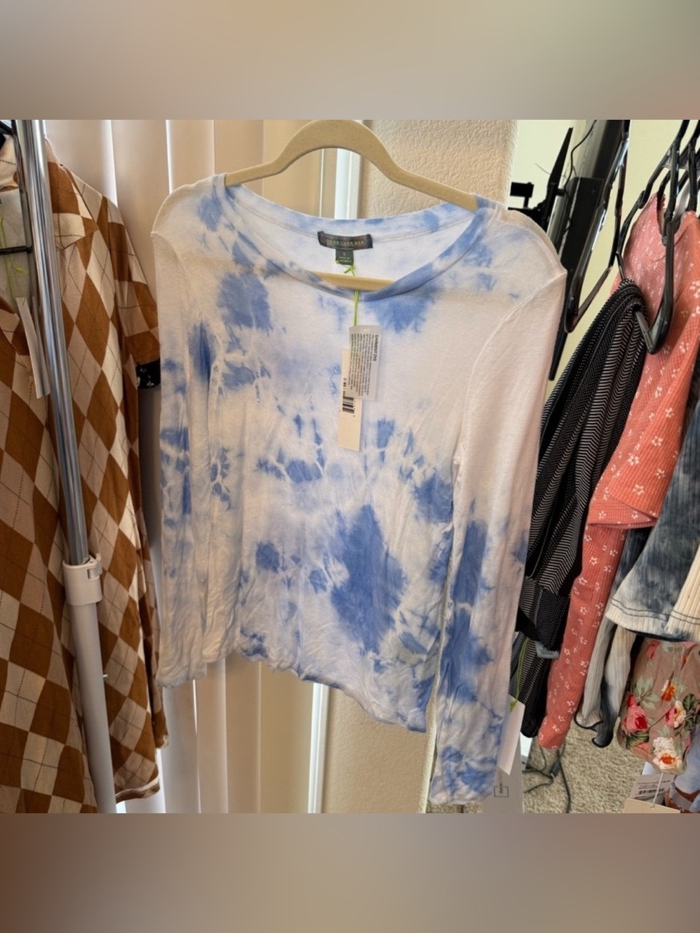 Good Luck Gem Blue & White Tie-Dye Long Sleeve Tee NWT